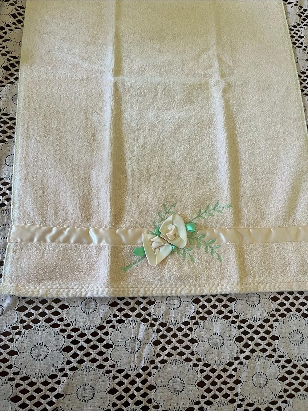 Decorative Cream Hand Towel with Satin Ribbon Rose